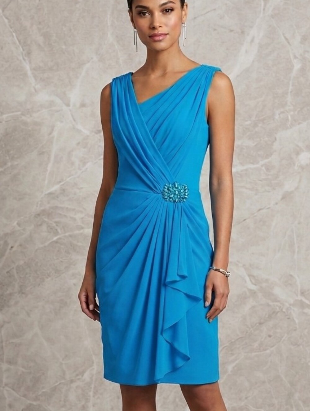 Tadashi Shoji Draped Chiffon Crystal Brooch Dress Size 6